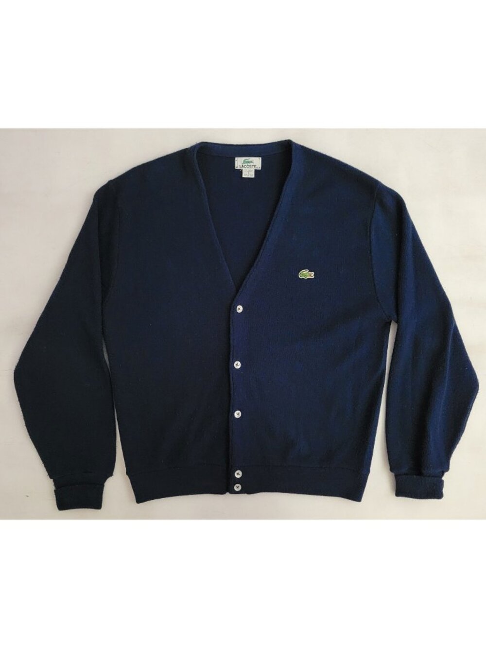 Vtg 70s/80s Izod Lacoste Navy Blue Croc Cardigan Grunge Sweater Made In USA Lrg